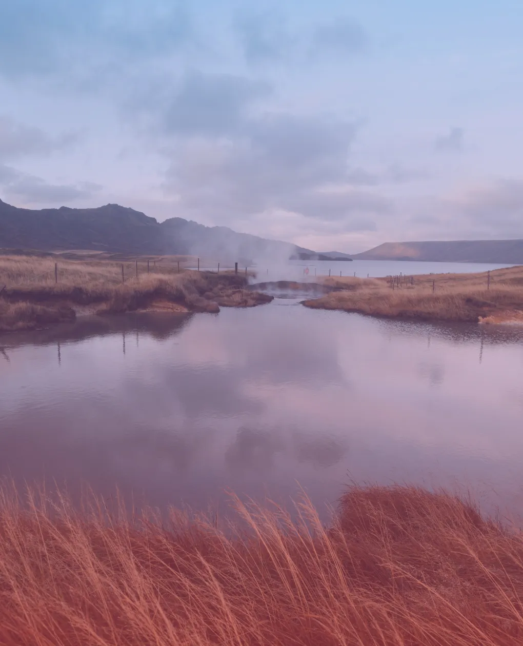 Smoke on the background of a lake with dried grass